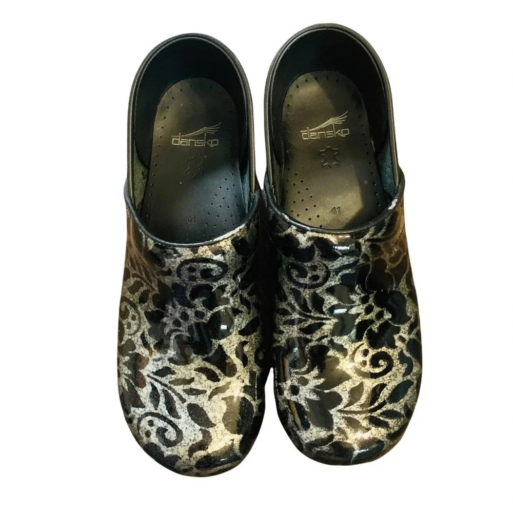 Dansko sz 41 Black & Silver floral Slip on Clogs - Picture 2 of 10